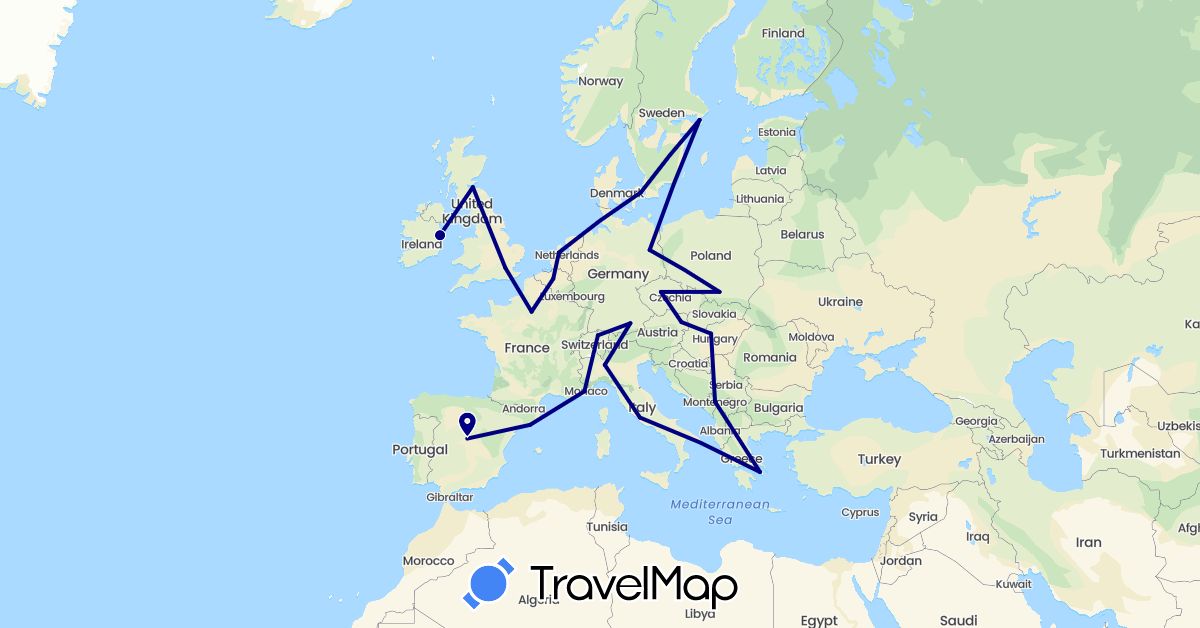 TravelMap itinerary: driving in Austria, Belgium, Switzerland, Czech Republic, Germany, Denmark, Spain, France, United Kingdom, Greece, Hungary, Ireland, Italy, Montenegro, Netherlands, Poland, Sweden (Europe)